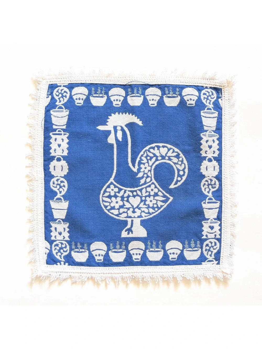 Vintage Scandinavian Cloth Napkins with Folk Art Stylized Rooster Design